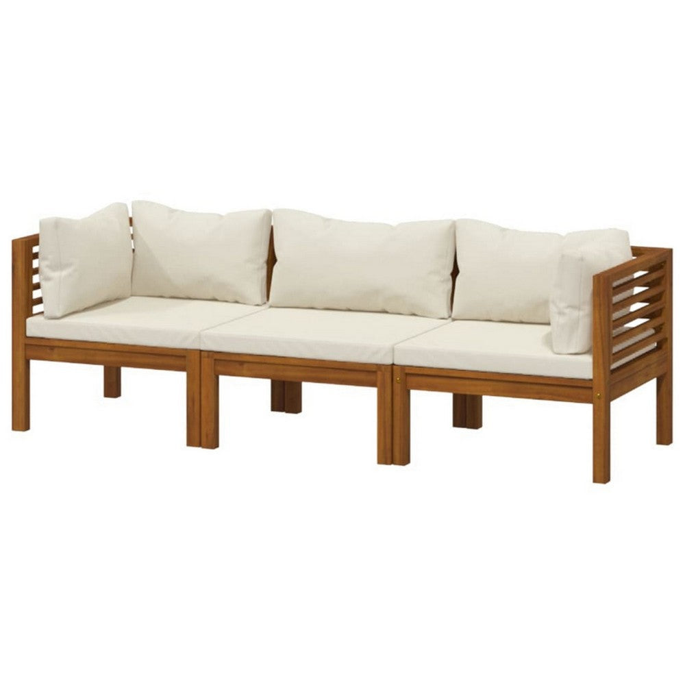 Lina 3pc Outdoor Modular Sofa Set Brown Acacia Wood Cream Polyester BM326377