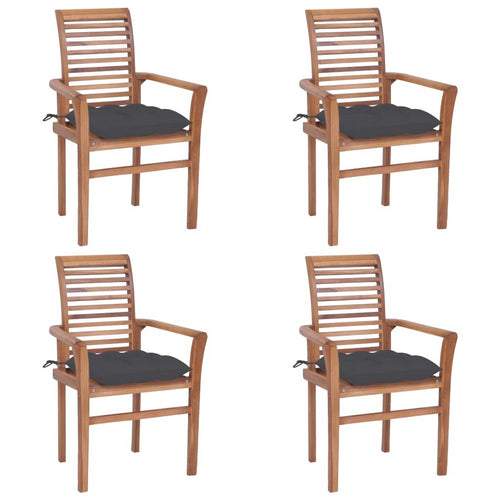 Outdoor Dining Set of 4, Slatted Teak Wood, Dark Gray Polyester