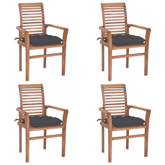 Outdoor Dining Set of 4, Slatted Teak Wood, Dark Gray Polyester
