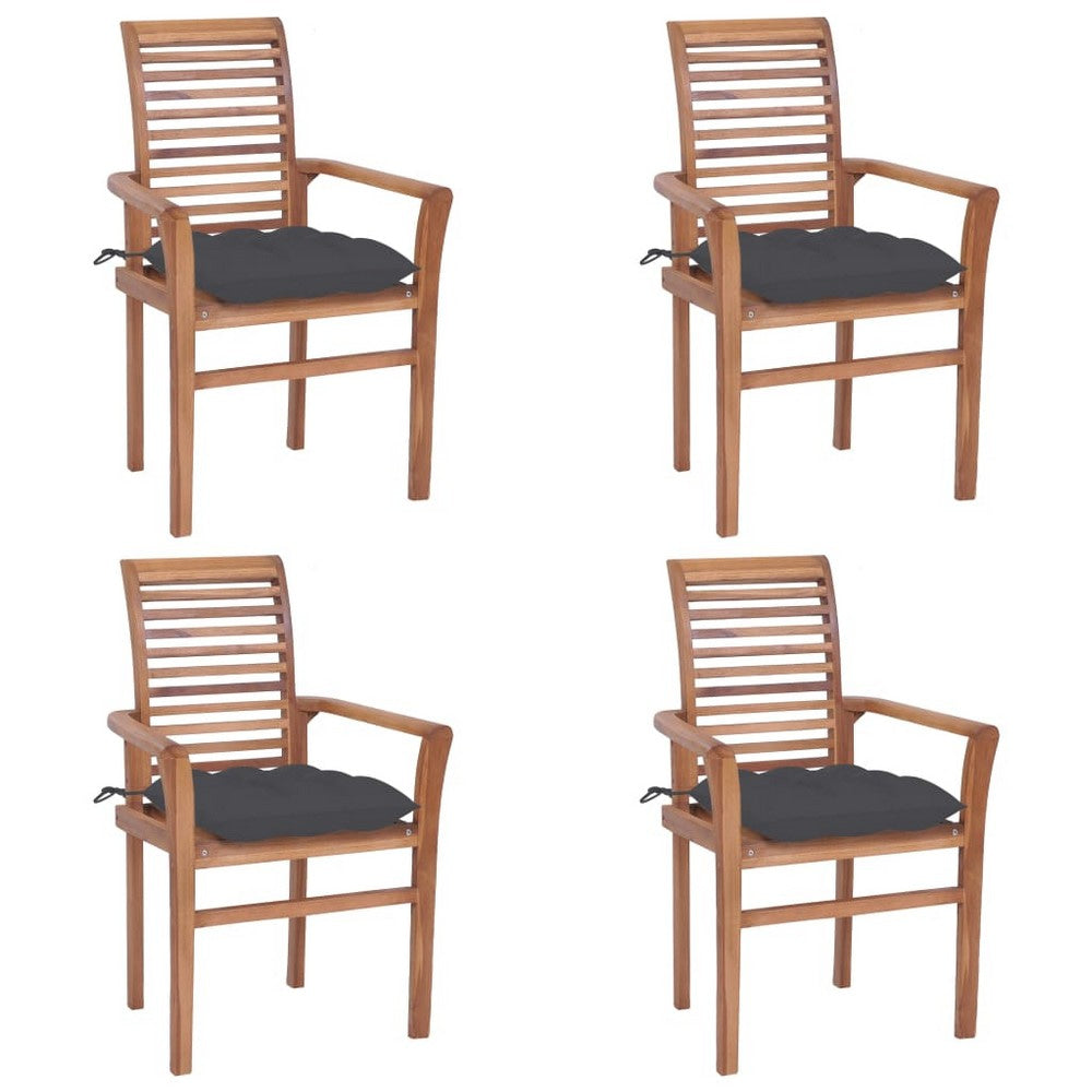 Outdoor Dining Set of 4, Slatted Teak Wood, Dark Gray Polyester