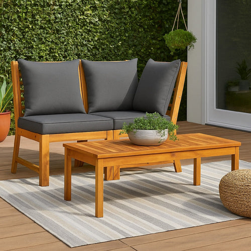 Kio 3pc Outdoor Sofa and Coffee Table Set Dark Gray, Solid Acacia Wood