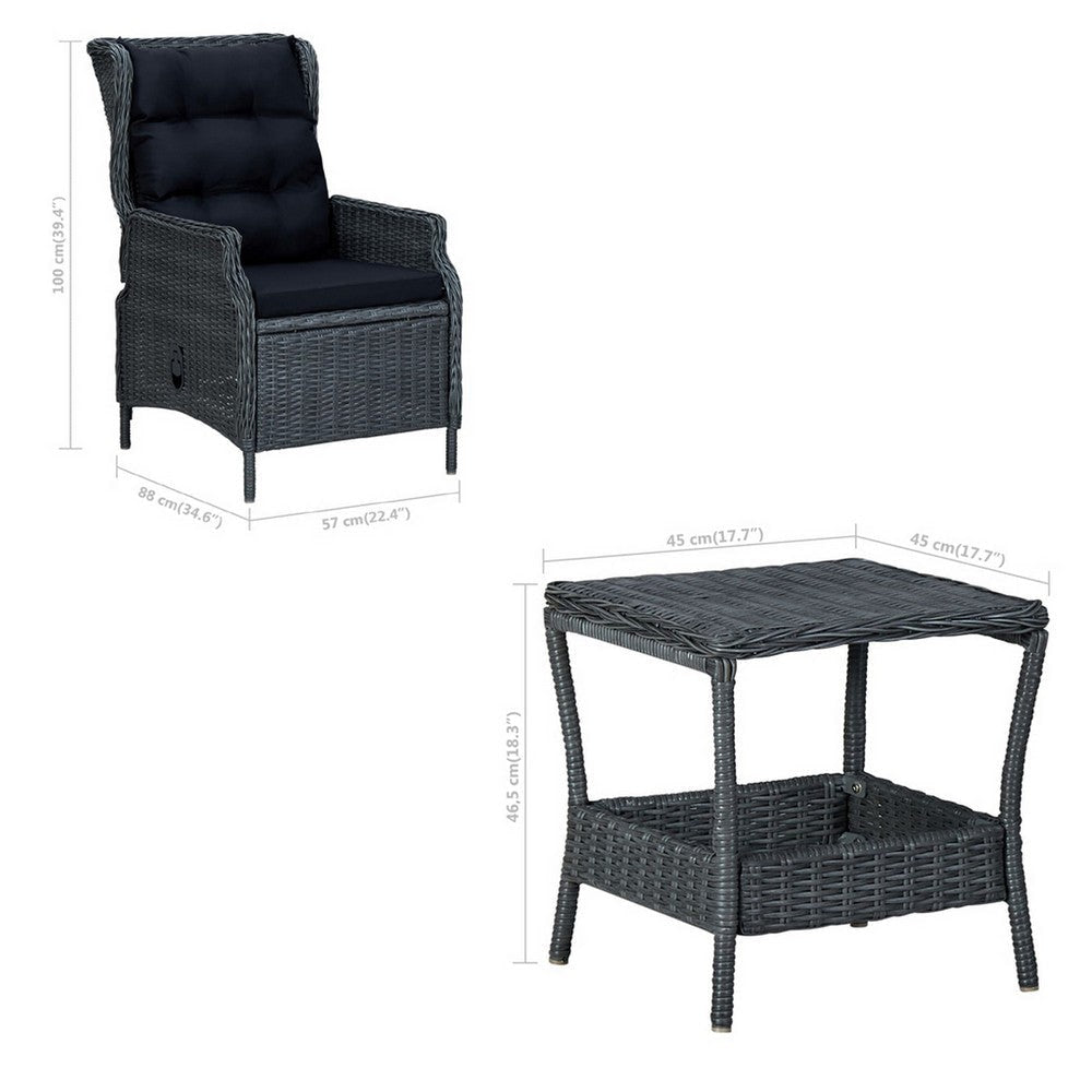 3pc Outdoor Lounge and End Table Set Gray Poly Rattan Black BM326384