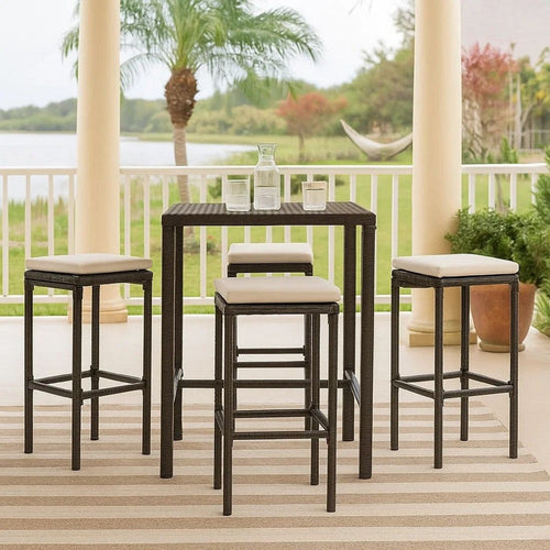Vian Outdoor Barstool Set of 4, Brown Poly Rattan, Cream Polyester
