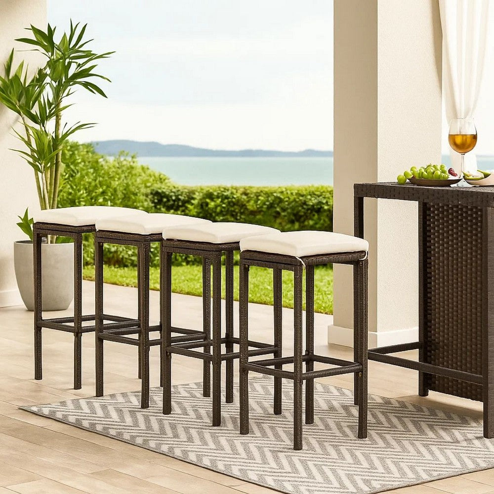 Vian Outdoor Barstool Set of 4, Brown Poly Rattan, Cream Polyester