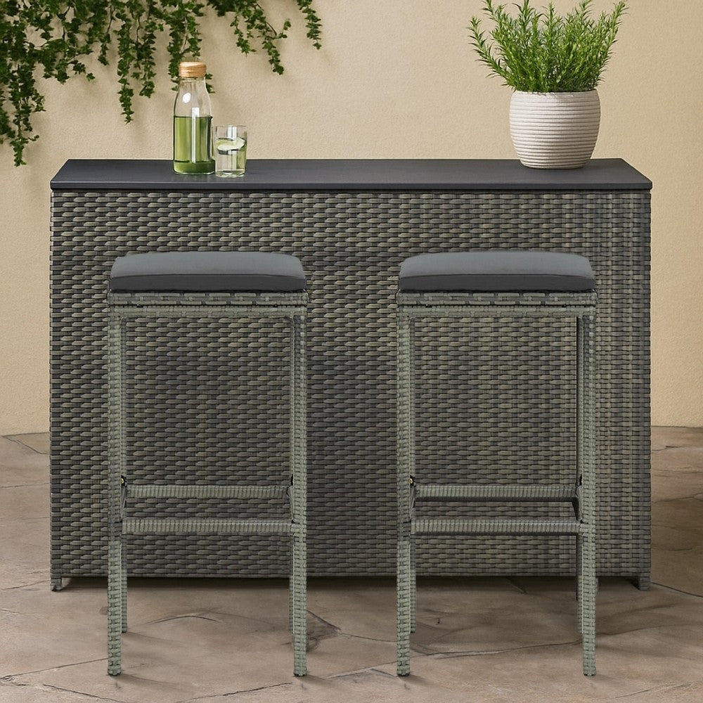 Vian Outdoor Barstool Set of 2, Gray Poly Rattan and Polyester Seats