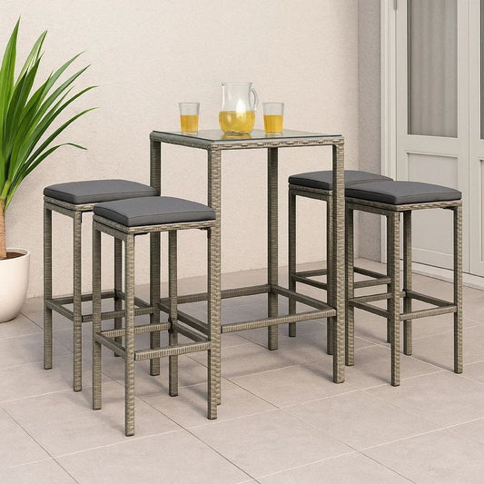 Vian Outdoor Barstool Set of 2, Gray Poly Rattan and Polyester Seats