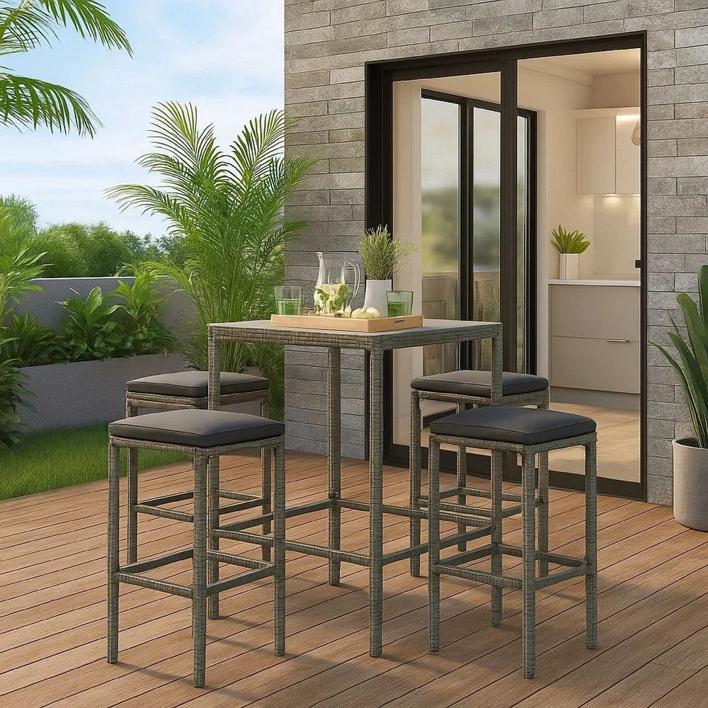 Vian Outdoor Barstool Set of 2, Gray Poly Rattan and Polyester Seats