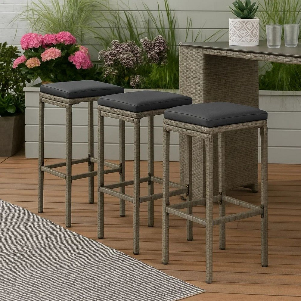 Vian Outdoor Barstool Set of 2, Gray Poly Rattan and Polyester Seats