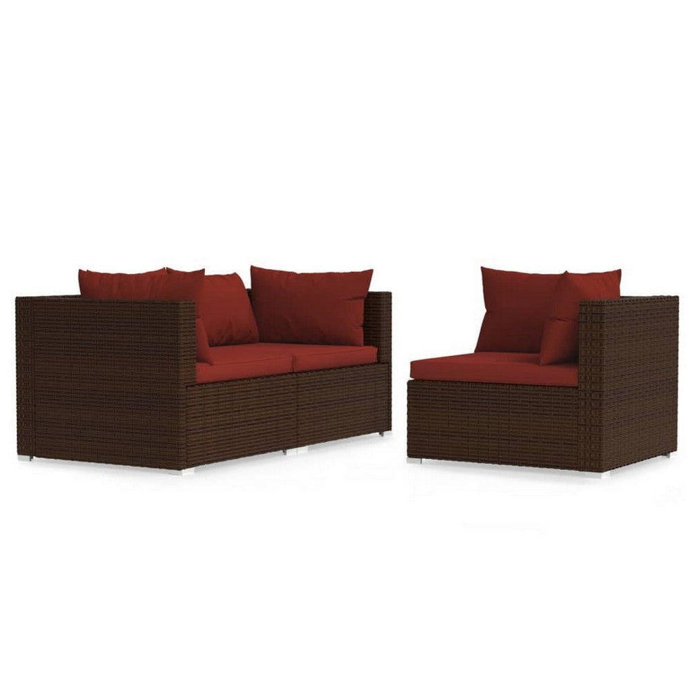 Faye 3pc Outdoor Modular Sofa Set, Brown Rattan, Powder Coated Steel