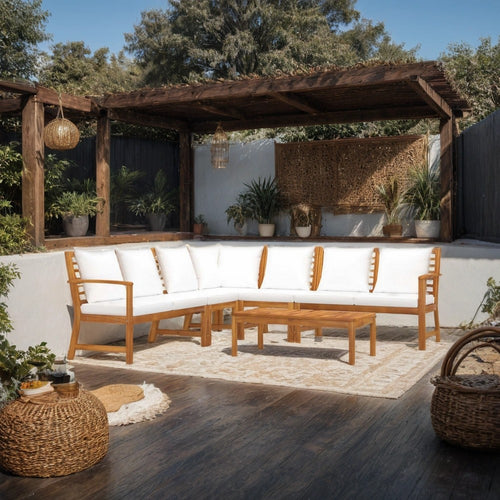 Roma 6pc Outdoor Modular Sofa and Table Set, White Fabric, Brown Wood