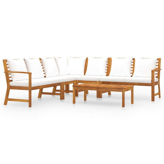 Roma 6pc Outdoor Modular Sofa and Table Set, White Fabric, Brown Wood