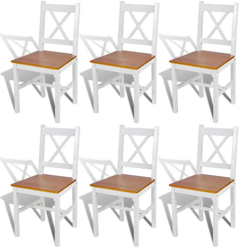 Lipa Dining Side Set of 6, X Back Design, White, Brown Pine Wood