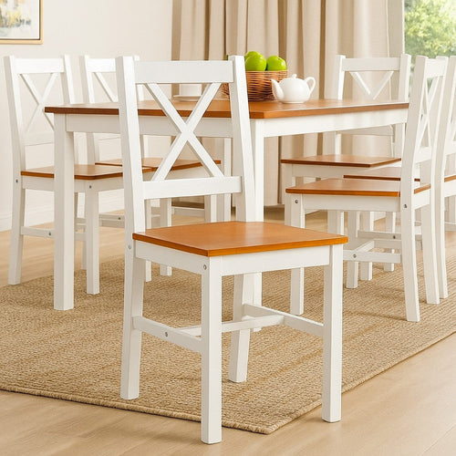 Lipa Dining Side Set of 6, X Back Design, White, Brown Pine Wood