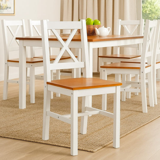 Lipa Dining Side Set of 6, X Back Design, White, Brown Pine Wood