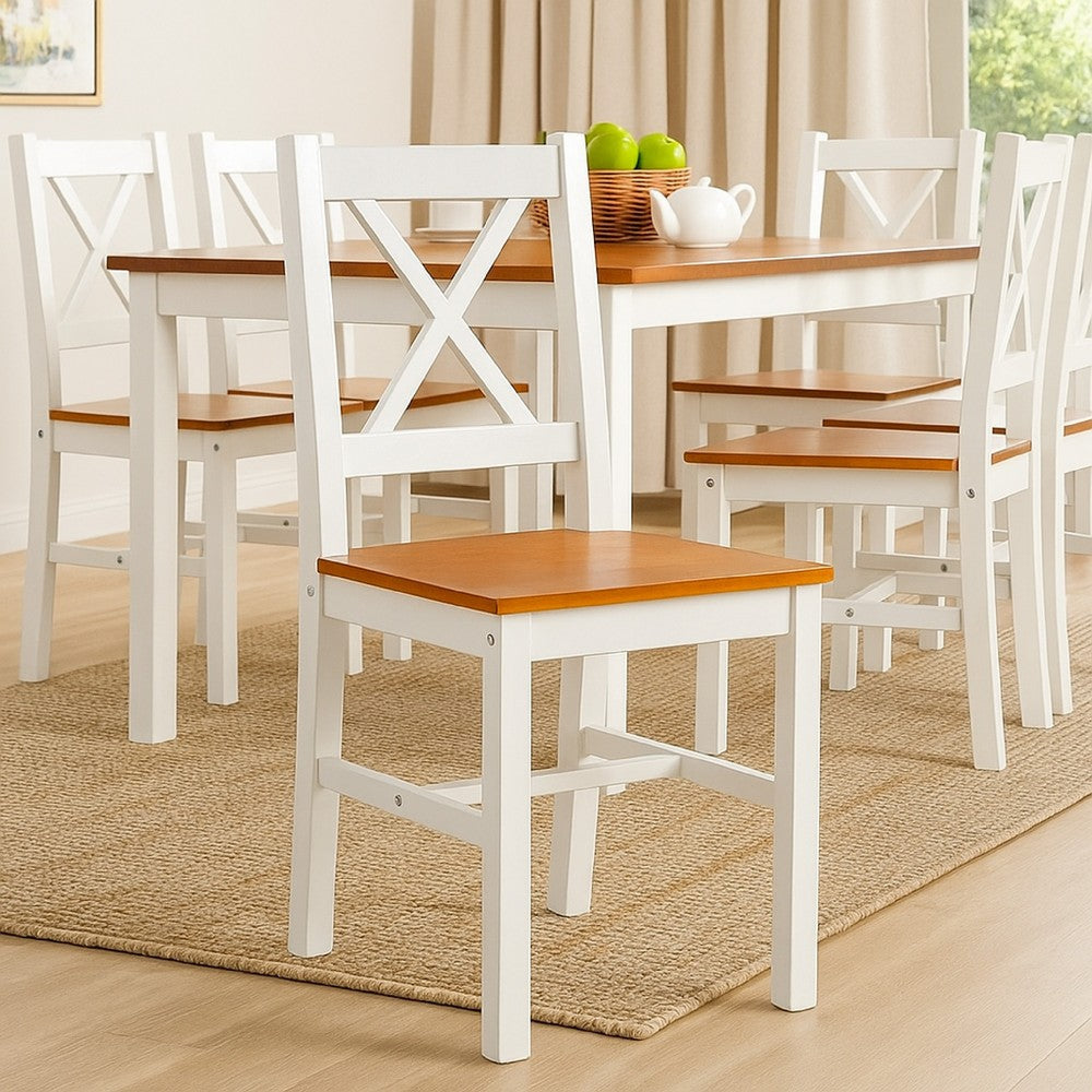 Lipa Dining Side Set of 6, X Back Design, White, Brown Pine Wood