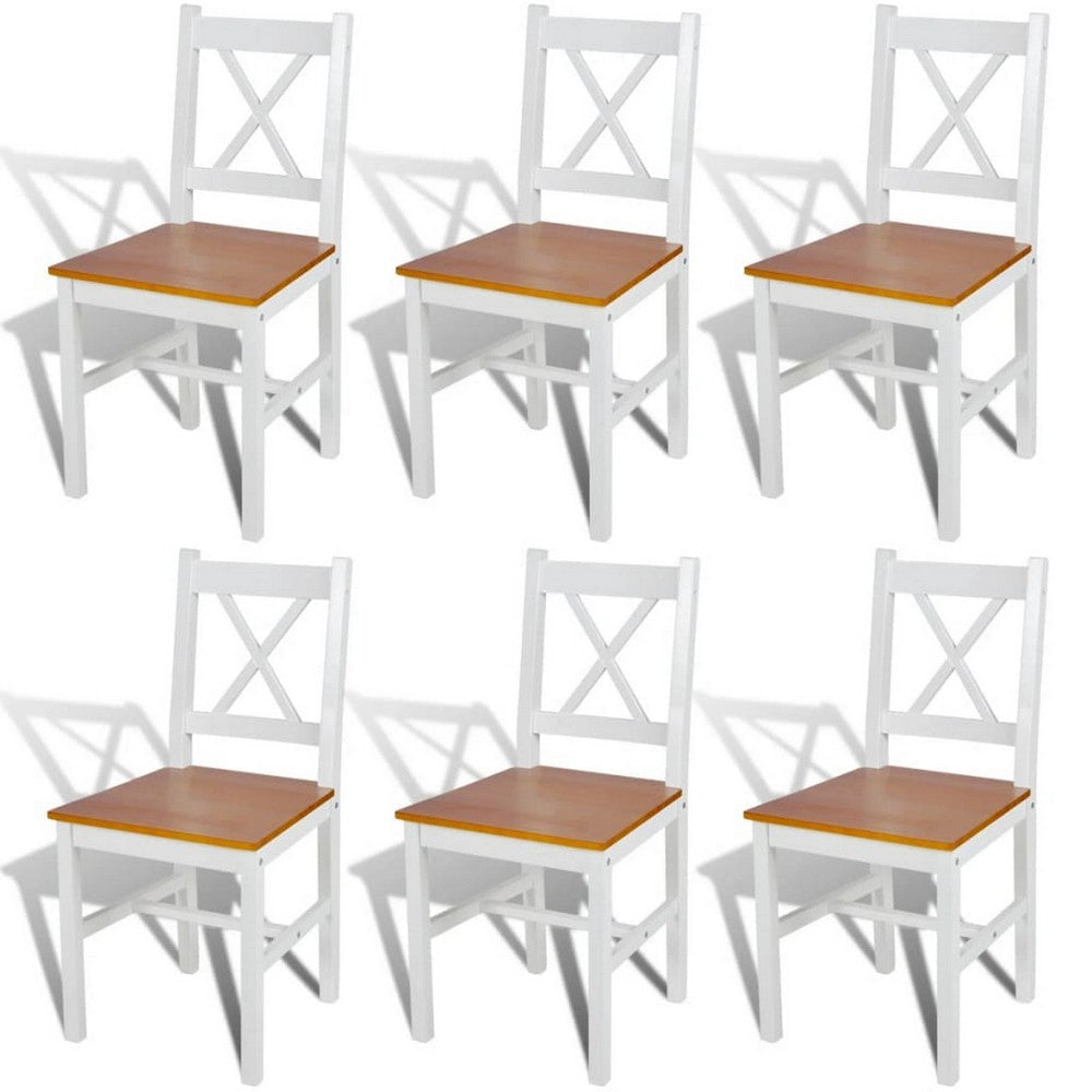 Lipa Dining Side Set of 6, X Back Design, White, Brown Pine Wood