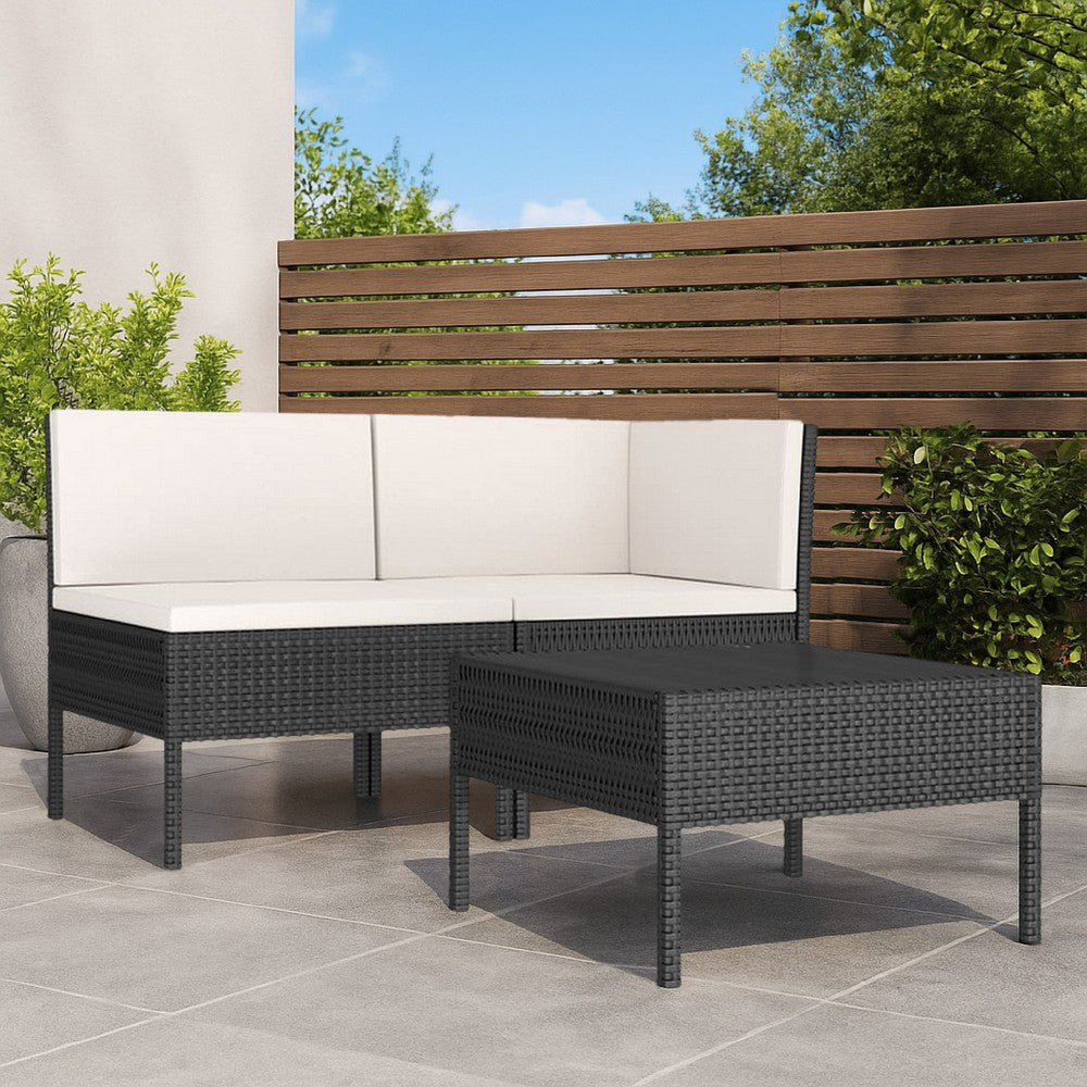 Doja 3pc Outdoor Loveseat and Coffee Table Set, Black Rattan, White