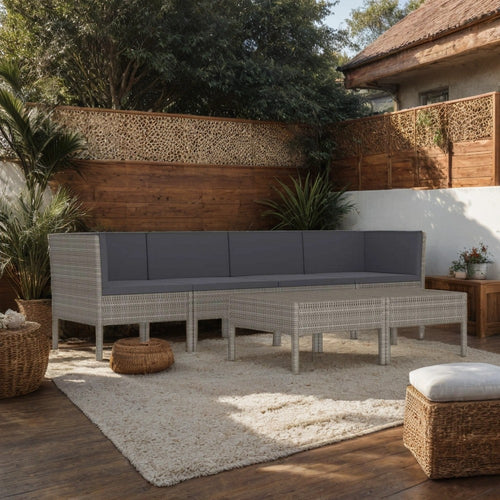 6pc Outdoor Modular Sofa and Table Set, White Polyester, Gray Rattan