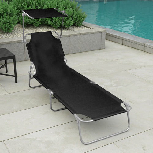 Keli Outdoor Folding Chaise Lounger, Canopy, Black Polyester, 74"