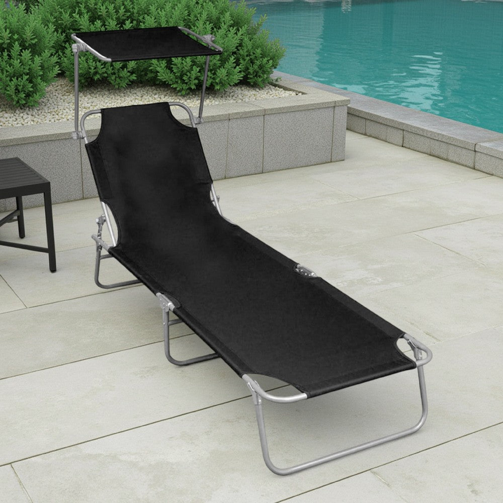 Keli Outdoor Folding Chaise Lounger, Canopy, Black Polyester, 74"