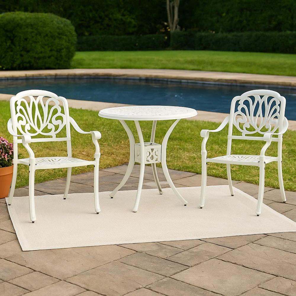 Kasa Outdoor 3pc Bistro Breakfast Set, 2 Chairs, 1 Table, White Metal