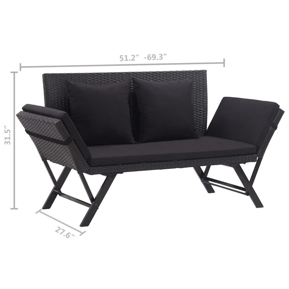 Outdoor Loveseat Bench Black Fabric Cushions Rattan Steel 51’’ BM326417