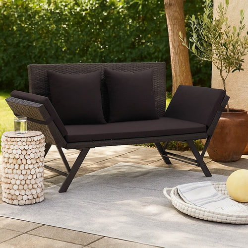 Outdoor Loveseat Bench, Black Fabric Cushions, Rattan, Steel, 51"