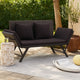 Outdoor Loveseat Bench, Black Fabric Cushions, Rattan, Steel, 51"