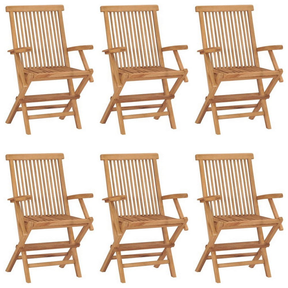 Hina Folding Outdoor ArmSet of 6 Brown Solid Teak Wood Slatted BM326418