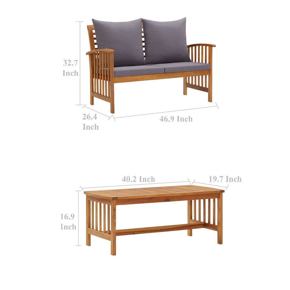 Mia 3pc Outdoor Loveseat Bench Coffee Table Set | Gray | Acacia Wood BM326423