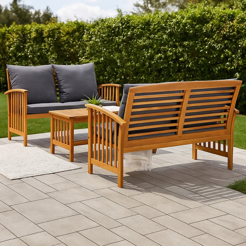 Mia 3pc Outdoor Loveseat Bench Coffee Table Set | Gray | Acacia Wood