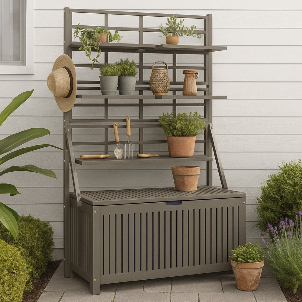 vidaxl garden planter with bench and trellis solid acacia wood Garden Storage Box with Trellis, Shelves, Gray Acacia Wood, 63 Inch Benjara