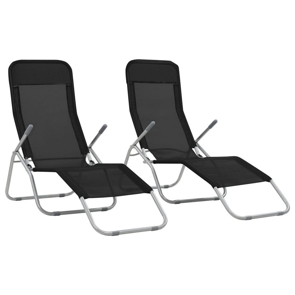 Folding Sun Chaise Lounger Set of 2 | Chrome Steel | Black Textilene