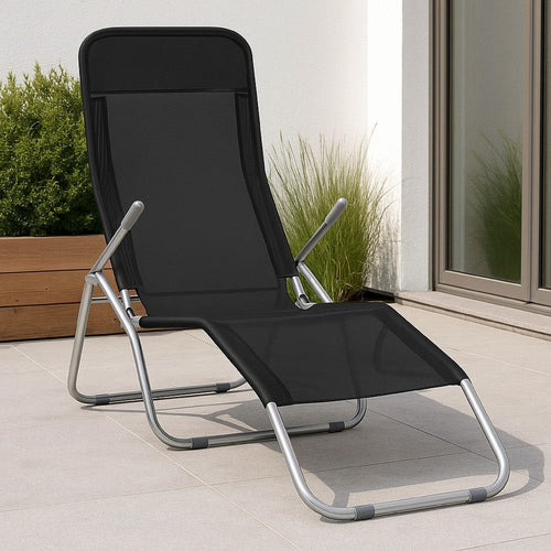 Folding Sun Chaise Lounger Set of 2 | Chrome Steel | Black Textilene