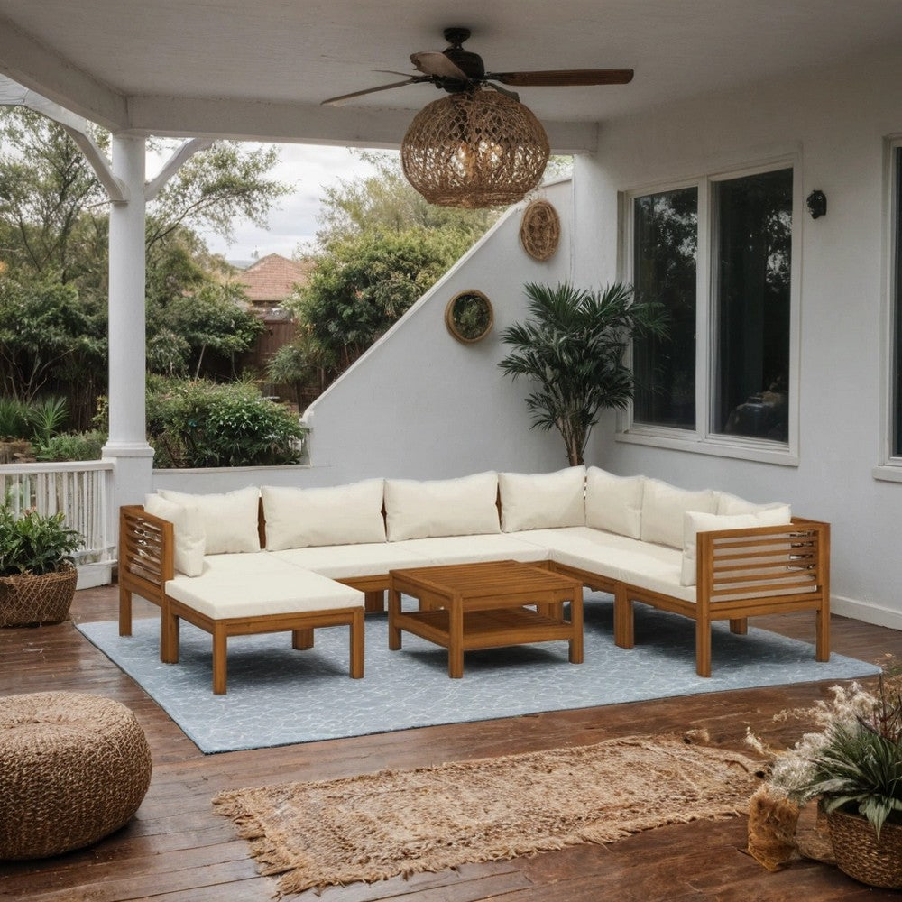 Soma 8pc Outdoor Modular Sofa Set | Ivory Fabric Cushions | Brown Wood