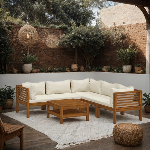 Soma 6pc Outdoor Modular Sofa Set | Ivory Fabric Cushions | Brown Wood