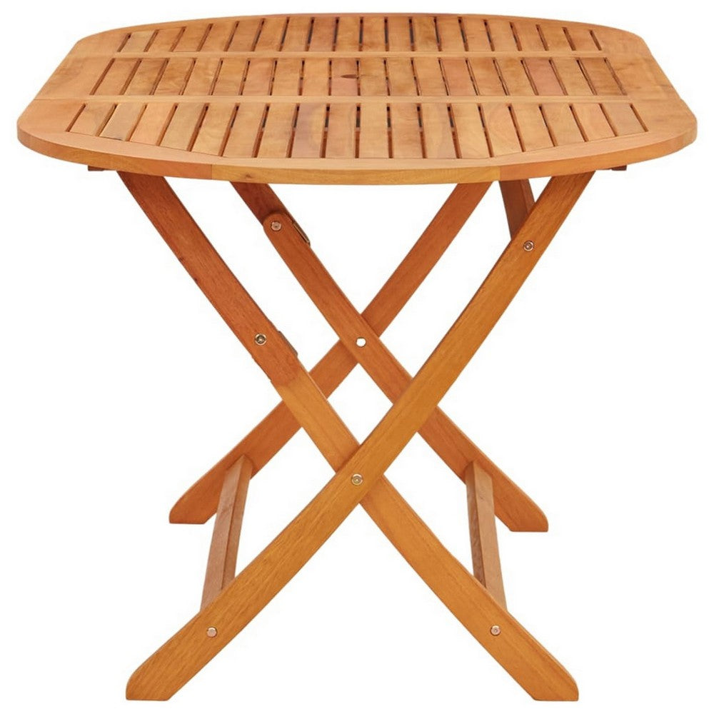 Nila Folding Outdoor Dining Table | 63" Slatted Oval Brown Wood Top