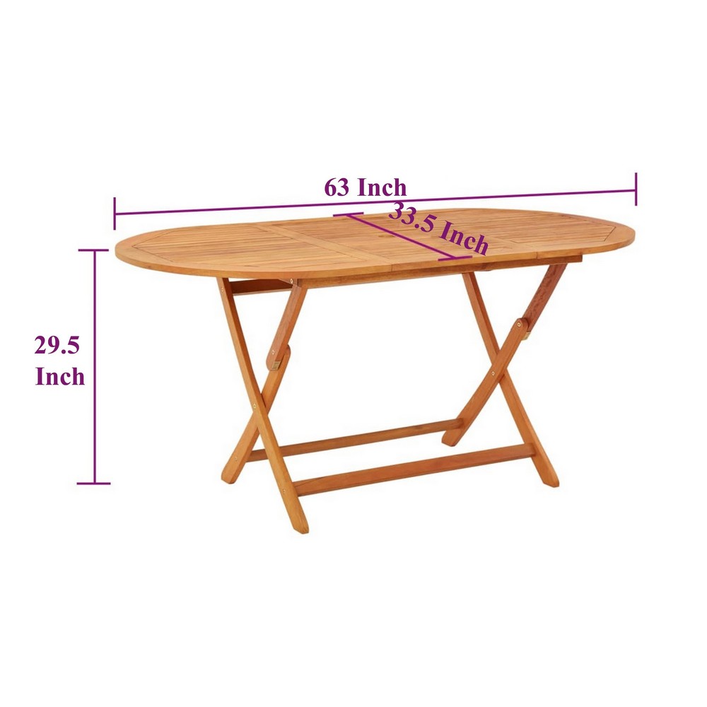 Nila Folding Outdoor Dining Table | 63" Slatted Oval Brown Wood Top