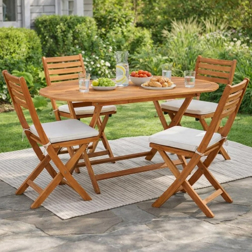 Nila Folding Outdoor Dining Table | 63" Slatted Oval Brown Wood Top