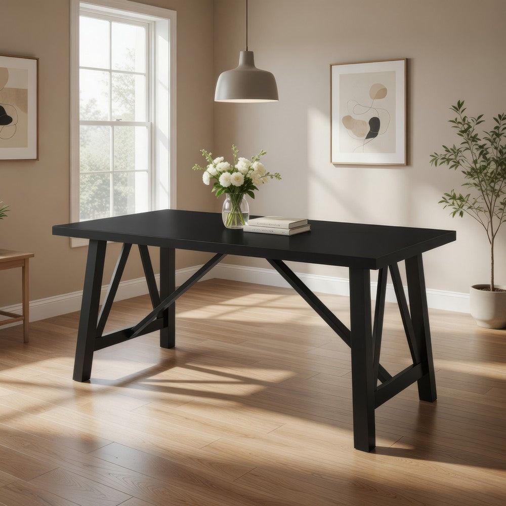 Dining Table, 71" Rectangular Farmhouse Top Matte Black Rubberwood