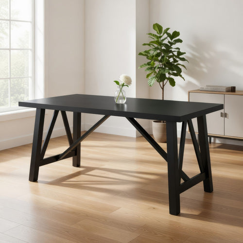 Dining Table, 71" Rectangular Farmhouse Top Matte Black Rubberwood