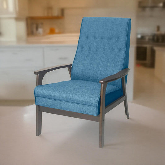 Accent Chair with Blue Fabric, Tufted Blue Fabric, Brown Rubberwood