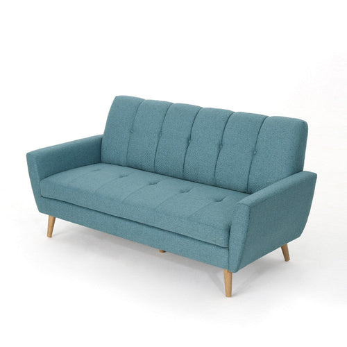 Sofa, 71", Comfortable Modern Tufted Teal Blue Fabric Cushions, Brown