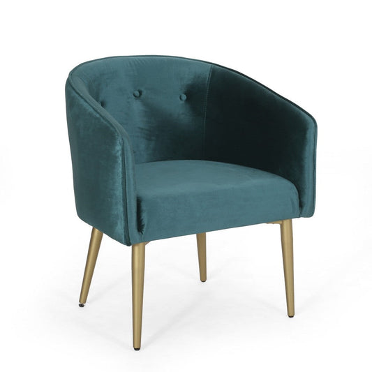 Accent Dining Chair, Gold Iron Legs, Curved, Tufted Aqua Green Velvet