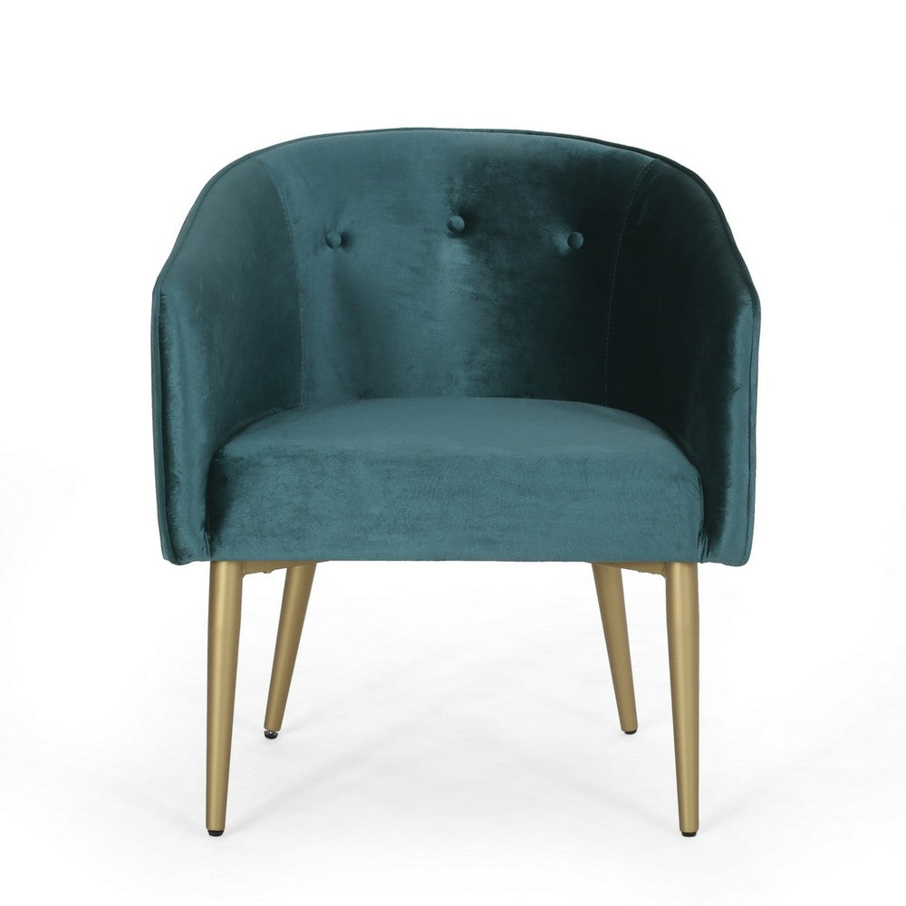 Accent Dining Chair, Gold Iron Legs, Curved, Tufted Aqua Green Velvet