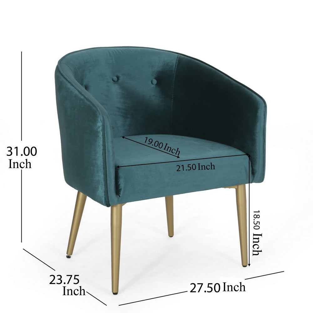 Accent Dining Chair, Gold Iron Legs, Curved, Tufted Aqua Green Velvet