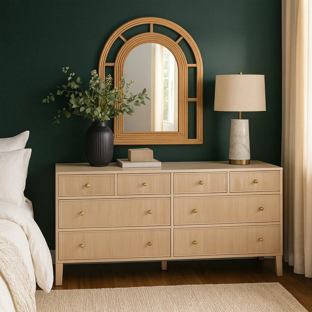 Wide Dresser, 8 Drawers, Light Brown Solid Wood, Brass Knobs, 20x68x32