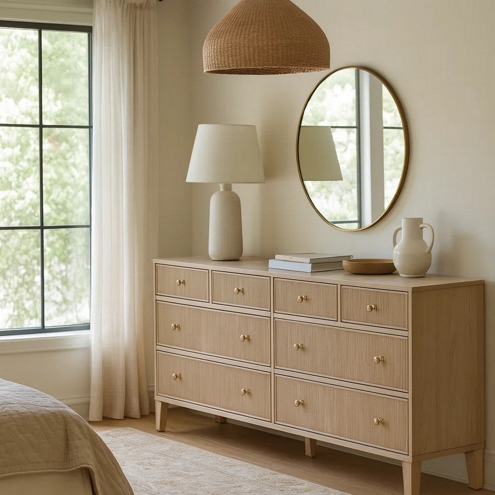 Wide Dresser, 8 Drawers, Light Brown Solid Wood, Brass Knobs, 20x68x32