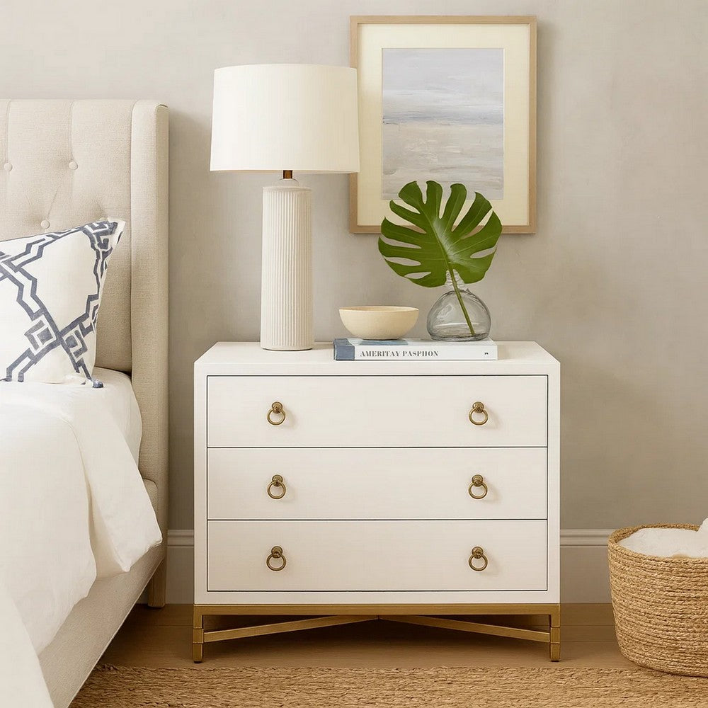 Vem Nightstand, 3 Drawers, Modern White Shagreen, Brushed Gold Metal