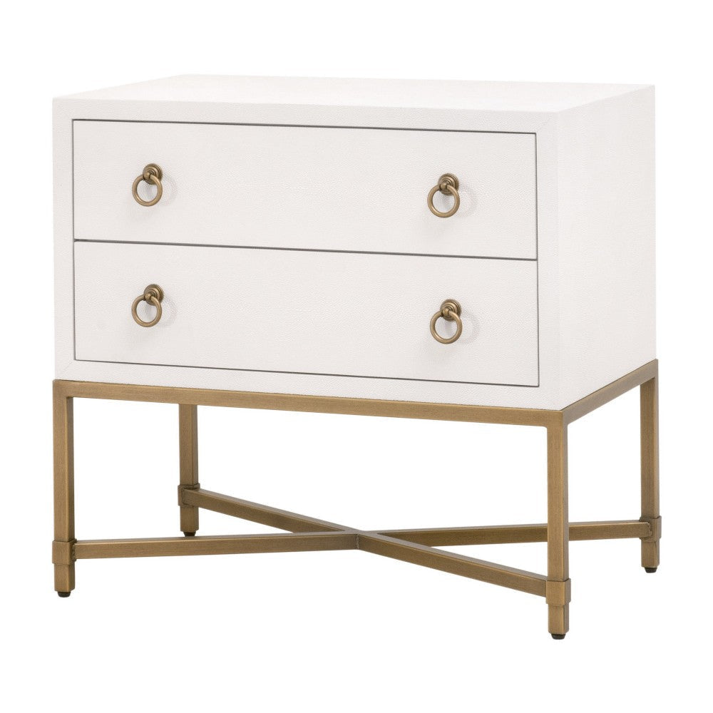 Vem Nightstand, 2 Drawers, Modern White Shagreen, Brushed Gold Metal